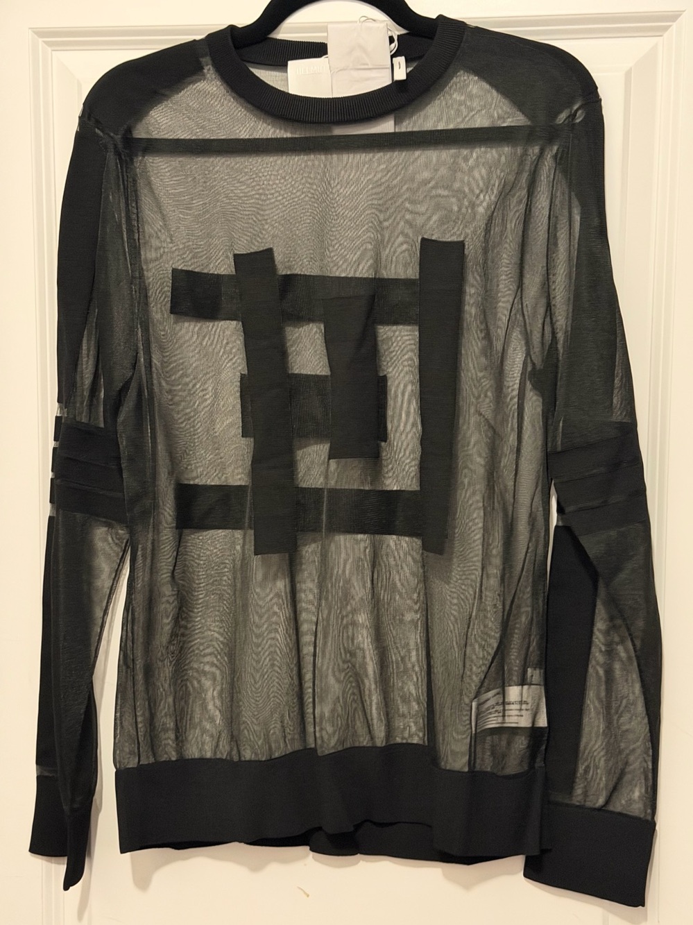Helmut Lang Black Sheer Crewneck Sweater with Geometric Appliqué